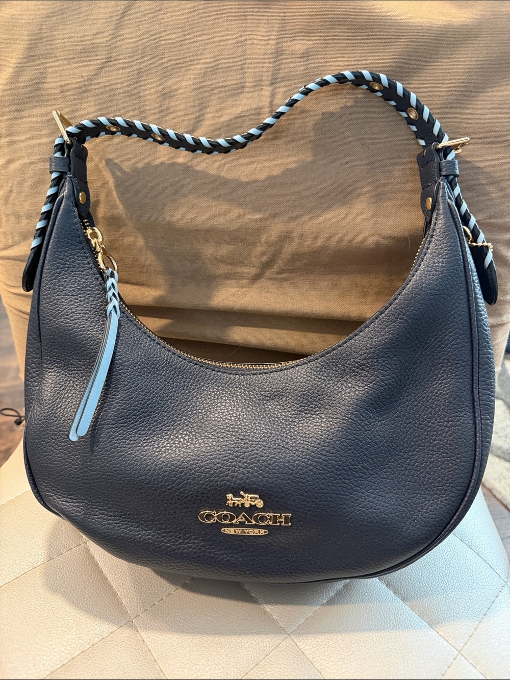 Coach Navy and Light Blue Braided-Handle Leather Hobo